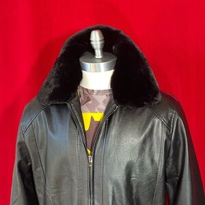 Men leather and faux fur warm winter jacket, black, XXL